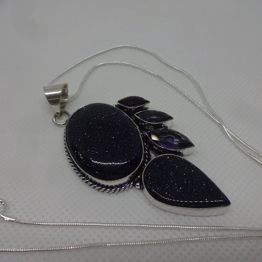 Sparkling "BLUE SUNSTONE & AMETHYST" Handmade Sterling Pendant/18" Chain #703